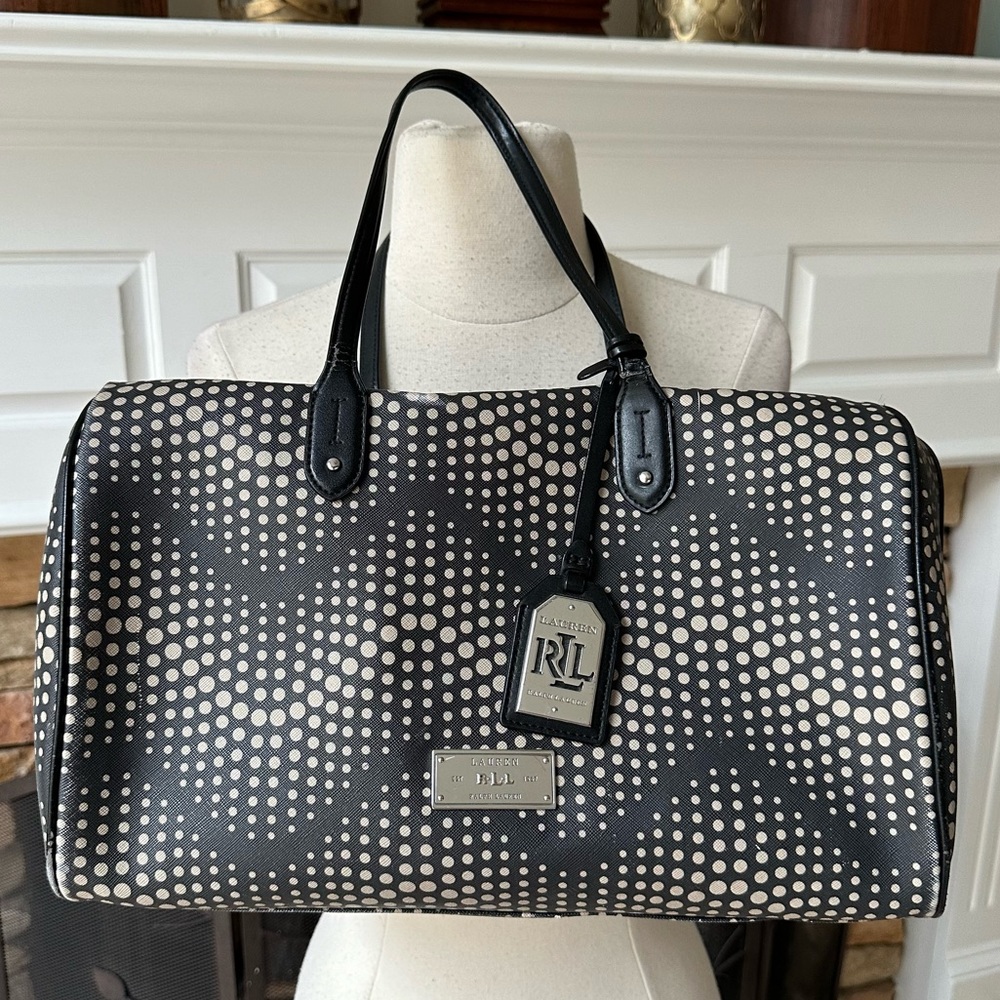 Lauren Ralph Lauren satchel bag with a black and cream geometric dot pattern